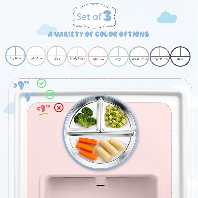 Stainless Steel Suction Plates for Toddlers, 9" Divided Kids Baby Plates with Removable Silicone Suction, Non Toxic Non Slip Portion Control Snack Dishes 3 Packs, Blue Gray Blush