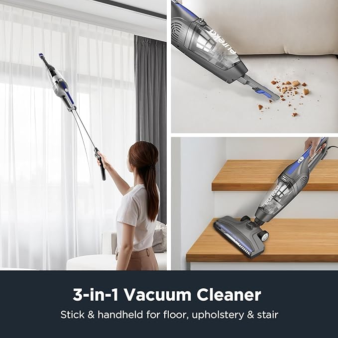 Eureka Corded Stick Vacuum Cleaner for Home Pet Hair, Lightweight Stick Vacuum Cleaner with Powerful Suction for Carpet Tile and Hard Floor, Blue, 3-in-1 Handheld Vac NES312