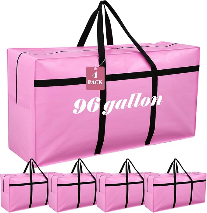 4 Pcs 96 Gallon Large Moving Bags with Zipper and Handles Foldable Storage Duffle Bags Heavy Duty Extra Large Totes for College Dorm Travel Clothes Blankets Bedding Moving (Pink)