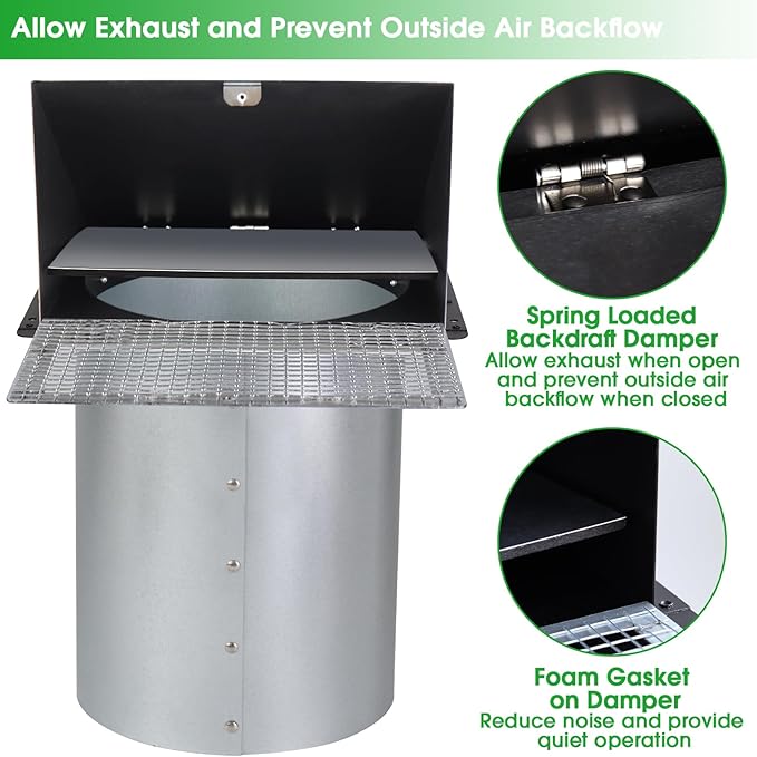 10 Inch Wall Vent Cover,Exhaust Vent Hooded Wall Vent with Screen and Damper,Outdoor Wall Exhaust Vent Cap Exterior Air Vent Cover for Kitchen Range Hood HVAC Duct Dryer Ventilation,Galvanized Steel