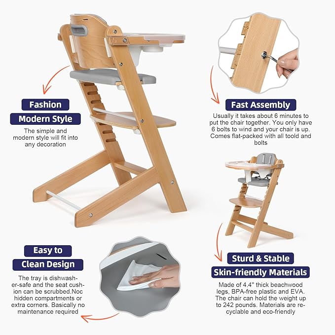 Cowiewie 3-in-1 Convertible Natural Wooden High Chair for Babies & Toddlers 3-Tier Remove & 2 Adjustable Wood Tray & 8 Levels Adjustable, 2 Waterproof Cozy Cushions Grey