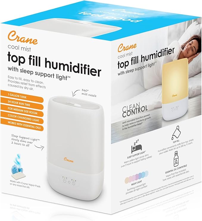 Crane Ultra-Quiet 3-in-1 Humidifier for Baby with Essential Oil Tray, 7-Color Sleep Light, 1 Gallon Top-Fill Tank, Ideal for Bedroom