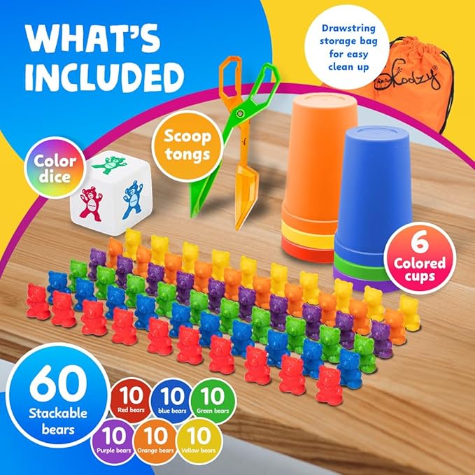 Skoolzy Rainbow Stacking Bears with Matching Sorting Cups 69 Piece Set, 60 Bear counters, Scissor Tongs, Rainbow Cups, Storage Bag, Sorting dice Game