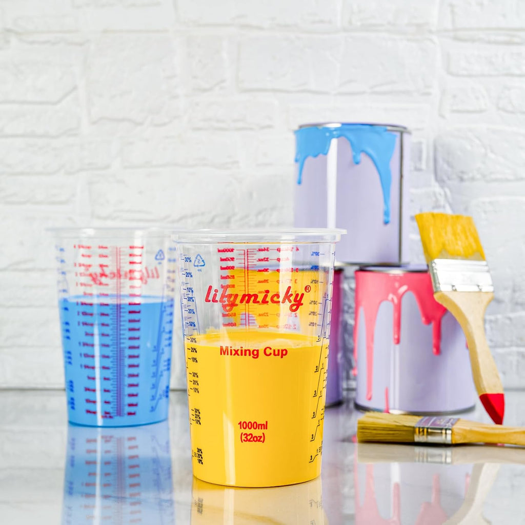 50 PACK Plastic Measuring Cups, 32 oz (1000ml) Disposable Mixing Cups, Measurement ratios: 2:1, 3:1, 4:1, Perfect for Epoxy Resin, Paint Mixing, Art DIY