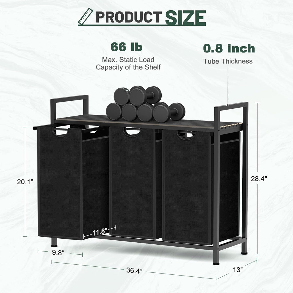 Laundry Hamper, Laundry Sorter with 3 Pull-Out Removable Oxford Fabric Bags Cloth Laundry Basket 3 x 10 Gallons (Charcoal Black)