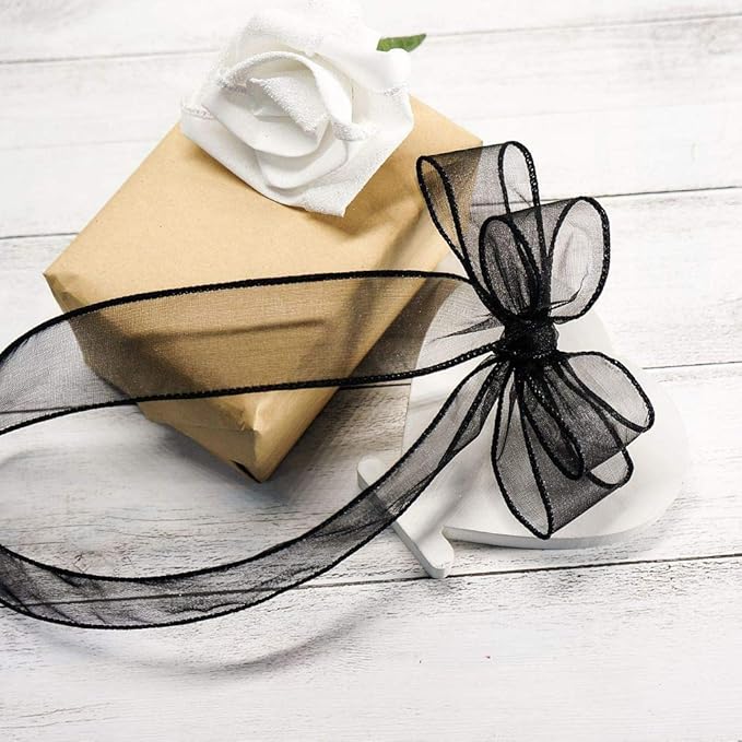 CT CRAFT LLC Sheer Organza Wired Ribbon 1.5" x 25 Yards x 2 Rolls Black for Wedding Chair Bow Flora Bouquet Gift Wrapping Christmas Tree Home Decor Wreath