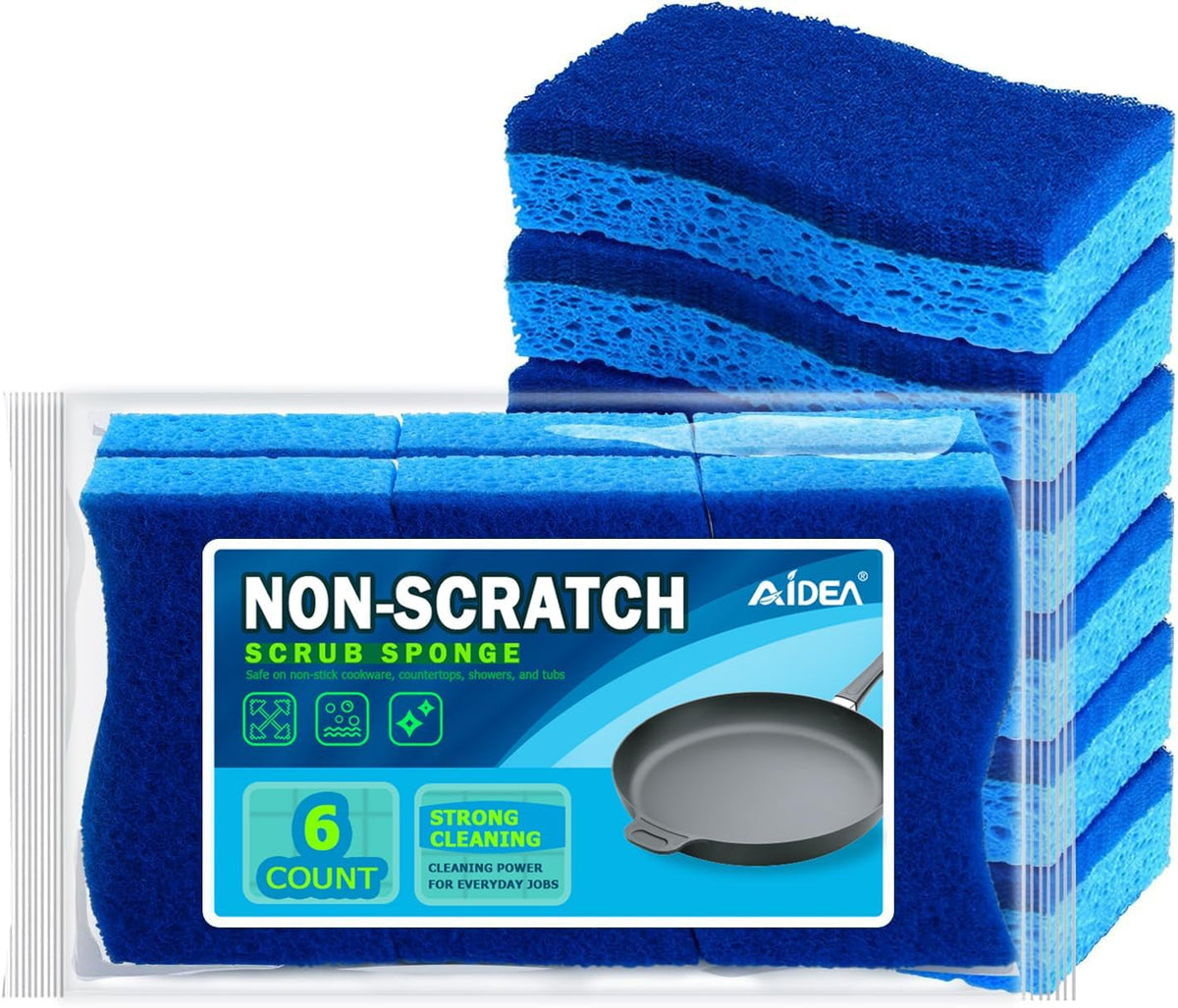 AIDEA Sponges Kitchen, Non Scratch Scrub Sponge, 6Count, Sponges for Non Stick Cookware, Cleaning Sponge for Dishes, Cleans Fast Without Scratching, Cleaning Power for Kitchen, Bathroom, Household