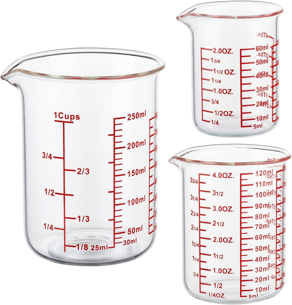 Ackers High Borosilicate Glass Measuring Cup Set with Pour Spout,60ml(2OZ),120ml(4OZ), 250ml(8OZ) Glass Measuring Beaker for Kitchen or Restaurant, Easy to Read