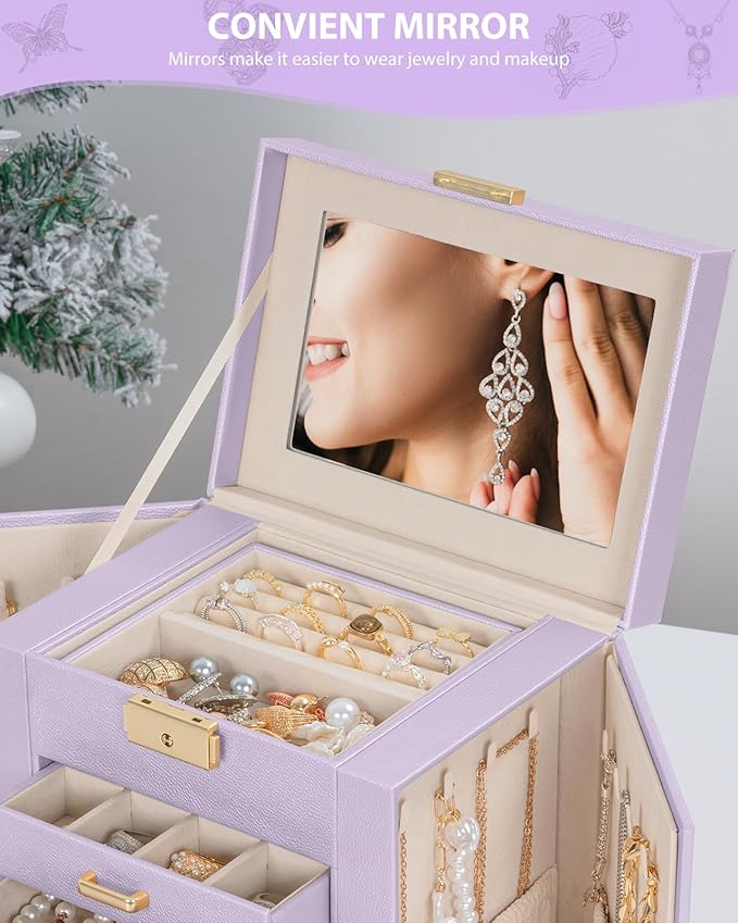 AKOZLIN 4-Tier Jewelry Box Leather Jewelry Storage Organizer with 3 Drawers Lockable for Women Girls Ring Necklace Earring Bracelet Holder with Mirror Purple