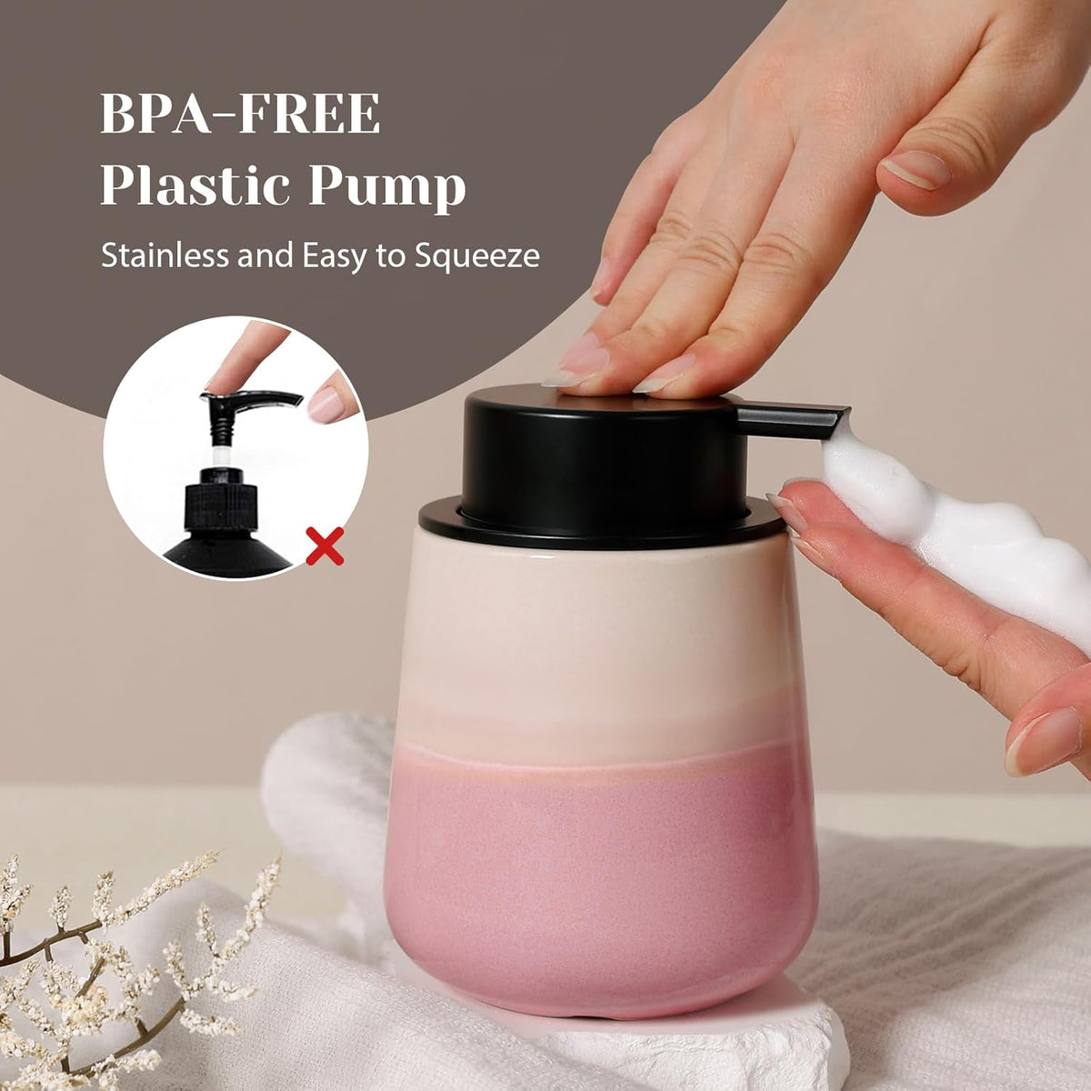 INGOFIN Ceramic Foaming Soap Dispenser - 12oz Foam Hand Soap Dispenser Bathroom, Refillable Modern Dish Dispenser with Pump for Kitchen, Beige and Pink