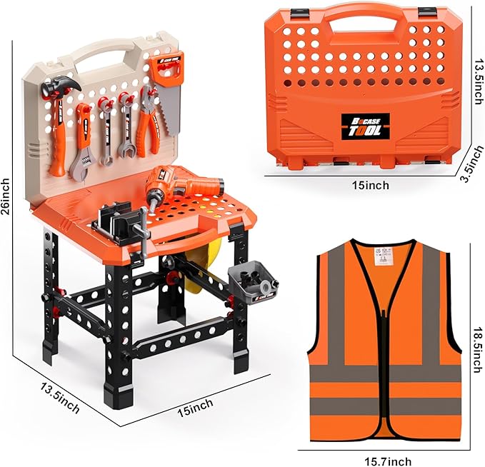 Kids Tool Bench -Toy Workbench with Electric Drill Toy Tool Accessories and Construction Vest 91pcs Toddler Tool Bench,Pretend Play Learning Toy Tool Bench for Kids Ages 3-5,4-8