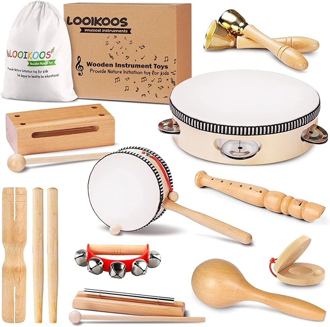 LOOIKOOS Toddler Musical Instruments, Eco Friendly Music Set for Kids Preschool Educational, Natural Wooden Percussion Instruments Musical Toys for Boys and Girls with Storage Bag