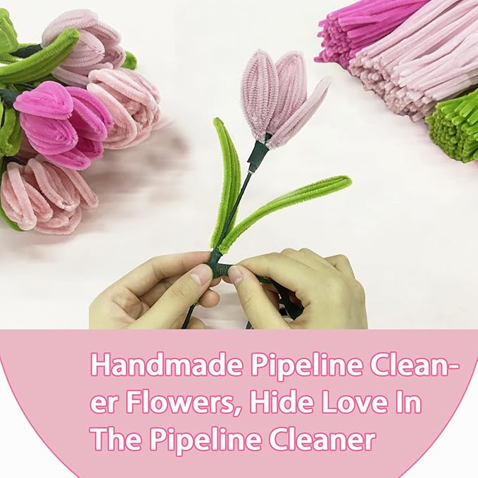 LOLEDE 400Pcs Pipe Cleaners Craft Kit, 3 Colors Chenille Stems for DIY Artificial Flower Making with Floral Wires, Gardening Tape, LED String Lights, Pearl Beads & Ribbon (Pink)