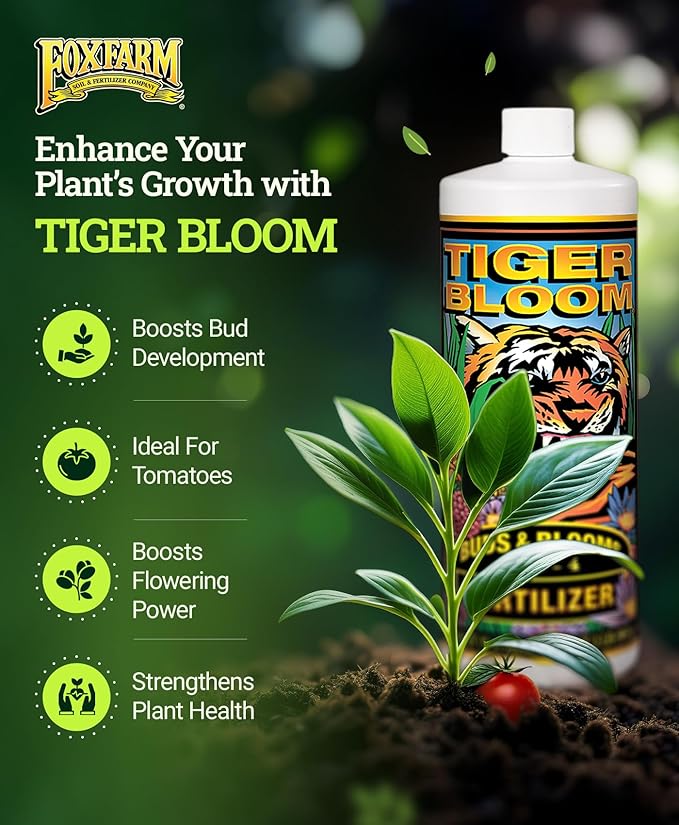 FoxFarm Tiger Bloom Liquid Fertilizer Concentrate - Fast Acting Formula for Vicious Growth with Phosphorus - Encourages Fruit, Flower & Bud Development, NPK 2-8-4 (Quart)