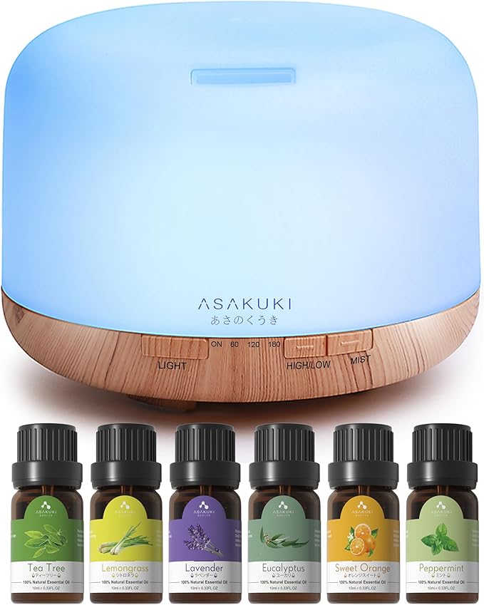 ASAKUKI Oil Diffuser with Essential Oils Set, 500ml Aromatherapy Humidifier with 14 LED Colors & Auto Shut-Off - 6 Oil Gift Pack(Lavender Eucalyptus Tea Tree Orange Peppermint Lemongrass)