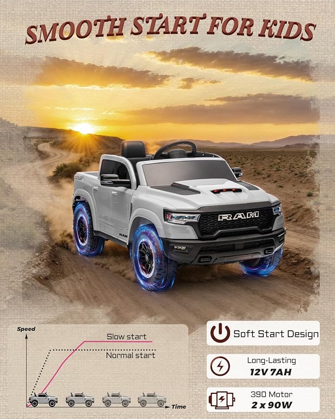 Licensed Ram 1500 RHO 12V Kids Ride on Truck, Toddler Ride on Toys with Remote Control, Children Electric Vehicles with Truck Bed Storage, Smooth Start, Music, Bluetooth (White)