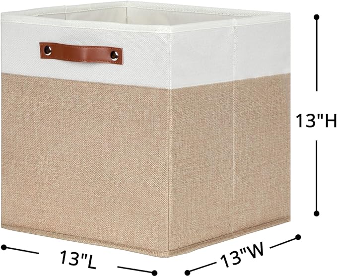 HNZIGE Fabric Baskets for Organizing 13x13 Storage Cubes, Set of 4 Fabric Foldable Canvas Storage Bins for Shelves, Cloth Storage Bins for Cube Organizers Toy Nursery Closet Bedroom?Beige&White?