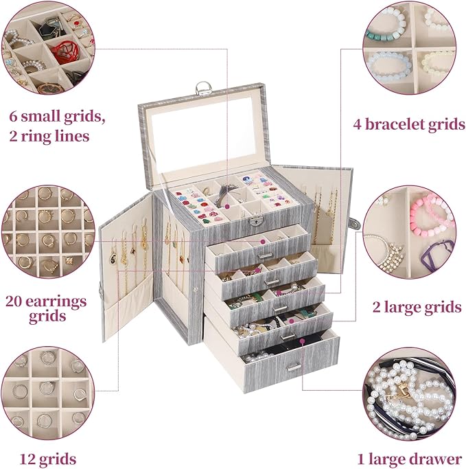 BOOVO Jewelry Box For women, 6 Layer Large Jewelry Organizer With Mirror, Accessory Holder With 5 Drawers, For Earrings Necklace Ring Bracelet (woodgrain grey)