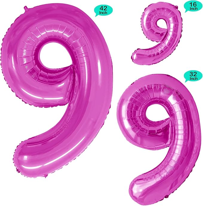 GOER Hot Pink Foil Balloons Number 9,Huge Number Balloons for 9th Birthday Party Supplies Anniversary Decorations(3 pcs,42 inch,32 inc,16inch)