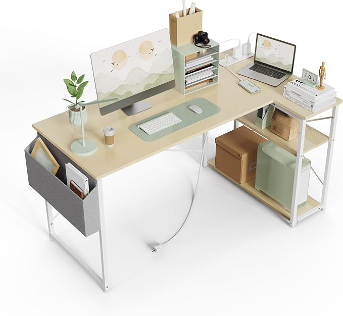 TIQLAB Small Computer Desk with Power Outlets, 40 Inch L Shaped Desk with Reversible Shelves, Gaming Desk Corner Desk Study Writing Table for Home Office Bedroom Living Room, Beige