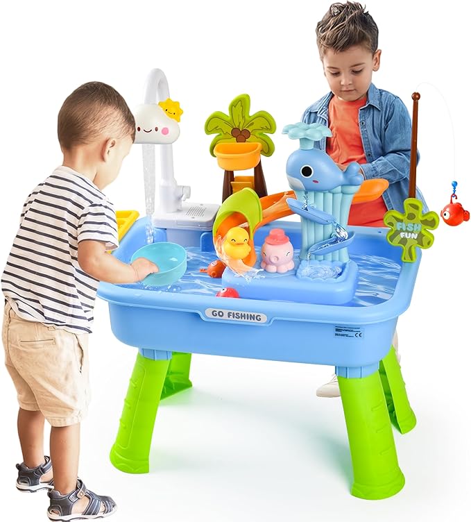2026 Upgraded Toddler Sand Water Table Toy with Electric Water Pump, Kids Sand Water with Faucet/Play Food Accessories/Fishing Toy, Kitchen Play Sink Toys for Girl Boy Age 3+ (Blue)