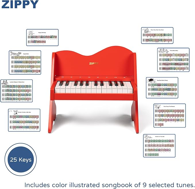 ZIPPY Kids Piano Keyboard, 25 Keys Digital Piano for Kids, Touch Sensitive Control Panel, Volume Adjustable, Mini Music Educational Instrument Toy, Wood Toy for Toddlers Girls Boys (Red)