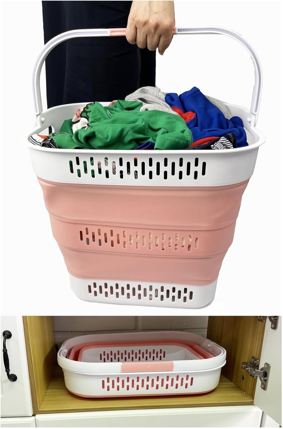 SAMMART 40L (10.5 Gallon) Collapsible Plastic Laundry Basket with Handles - Foldable Pop Up Storage Container/Organizer - Portable Laundry Hamper - Space Saving (1, Grey/Quartz Pink)