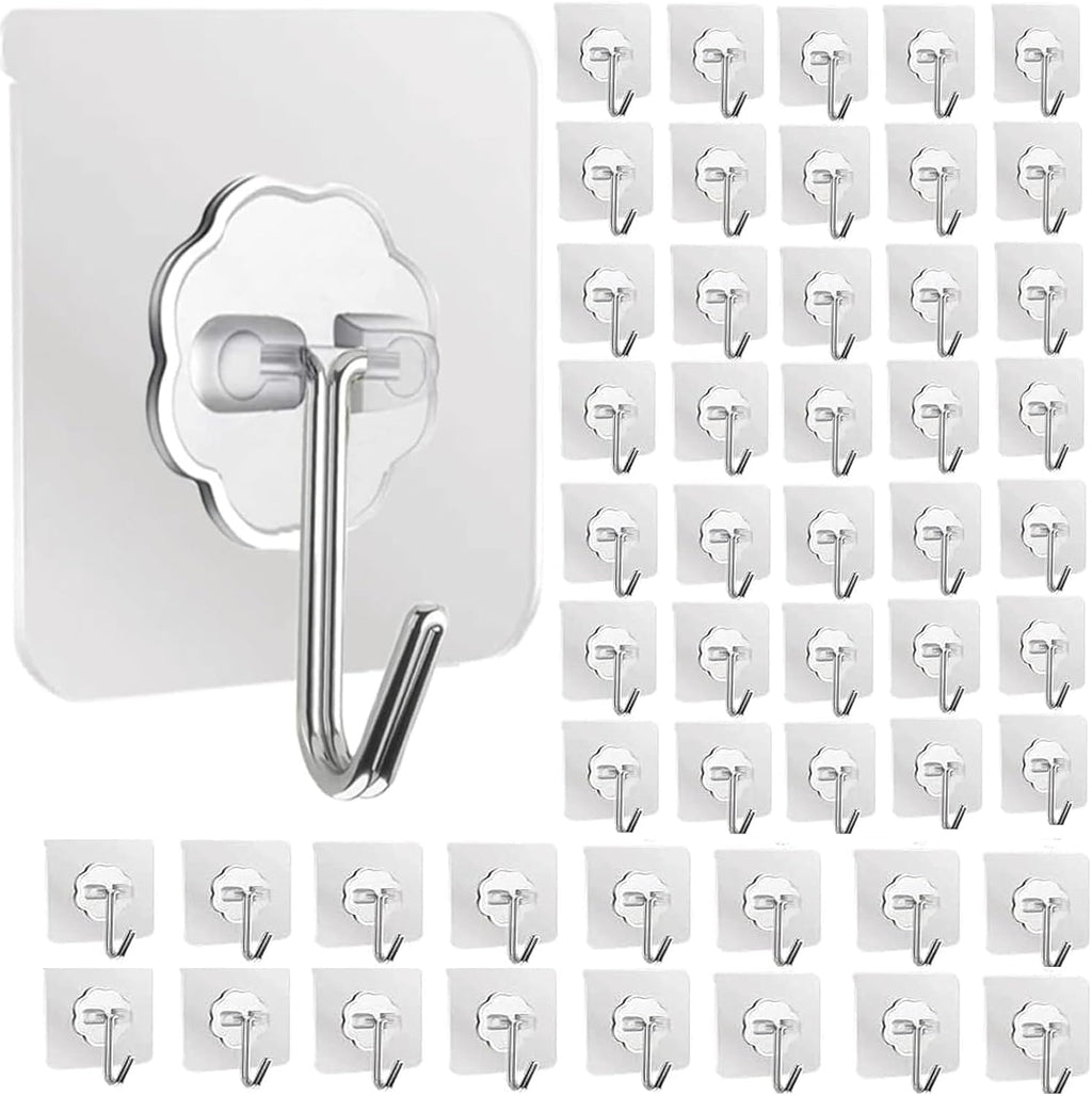 DDMY Hooks for Hanging, 50 Pack Wall Hooks 50lb(Max) Transparent Reusable Waterproof Adhesive Hook for Kitchen Curtain, Towel Hook for Bathrooms, Heavy Duty Self Coat Hook for Walls No Damage