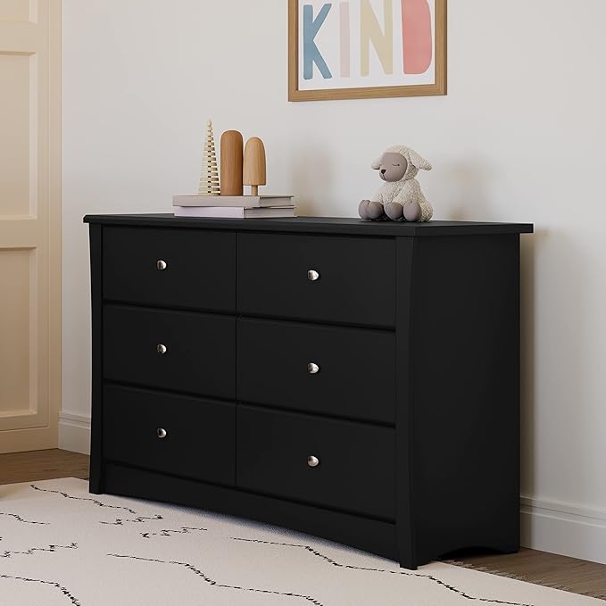 Storkcraft Crescent 6 Drawer Bedroom Dresser (Black) – GREENGUARD Gold Certified, Nursery Dresser for Kids Bedroom