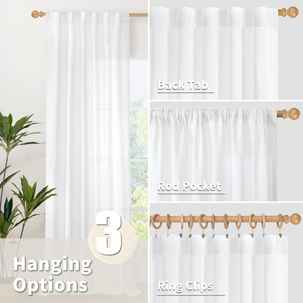 YoungsTex 72 Inch Length White Linen Curtains for Living Room 2 Panels, Rod Pocket Back Tab Semi Sheer Drapes for Light Filtering Window Treatments for Bedroom Dining, 52 X 72 Inch