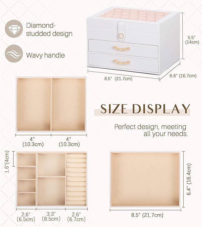 White Jewelry Box Organizer: Home Decor for Women - 2-Drawer Holder for Valentine’s Day Birthday Christmas White Pink