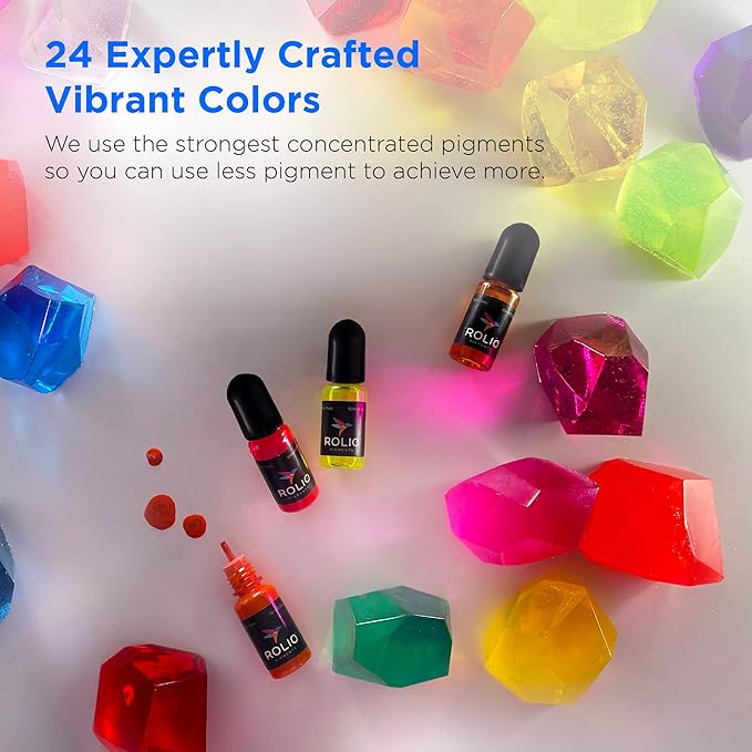 Rolio Pigments Resin Liquid Pigment Transparent Colors - 24 Vibrant Colors for Epoxy Resin, 3D Printer, Jewelry Making, Paint, Art Works, DIY Crafts - 0.33 oz/10 ml Each