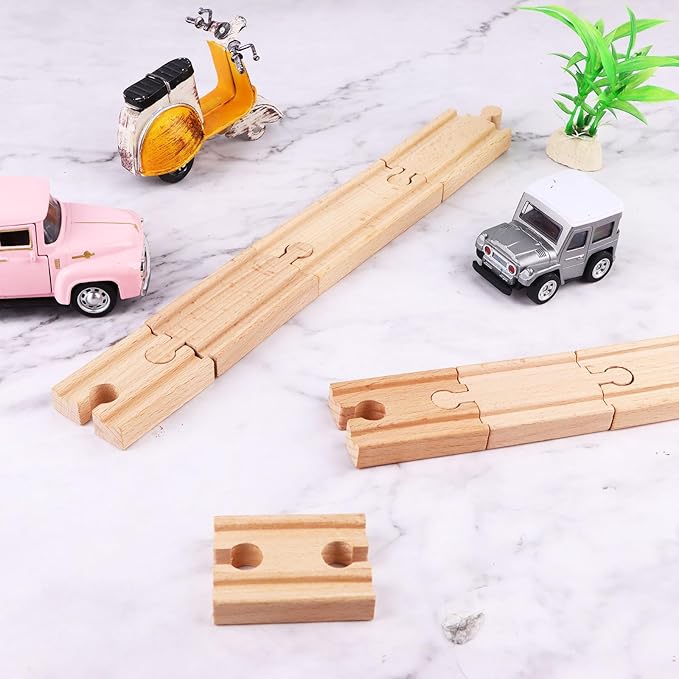 16 Pcs Straight Wooden Tracks Expansion Wood Train Track Connectors and Adapters Male Male Female Female Wood Train Track Pieces Accessories Wooden Tracks Bridge for Most Major Toy Trains Railway