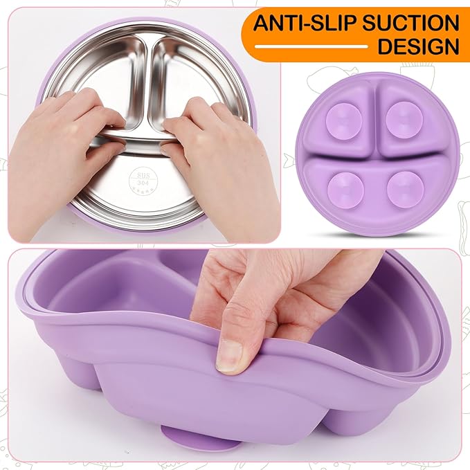 Nuogo 2 Pcs Stainless Steel Baby Suction Plates with Removable Silicone Shell 2-in-1 Metal Toddler Bowl Divided for Picky Eaters Kids Feeding Led Weaning Supplies, Dishwasher Safe (Purple,Pink)
