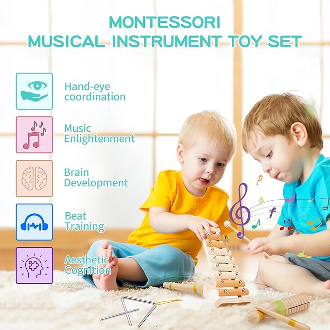 Baby Musical Instruments Set Montessori Wooden Toy for Toddlers 3 Percussion Music Xylophone for Kids Preschool Learning Resource Christmas Birthday Gifts for Boys Girls Aged 3 4 5 (Warm)