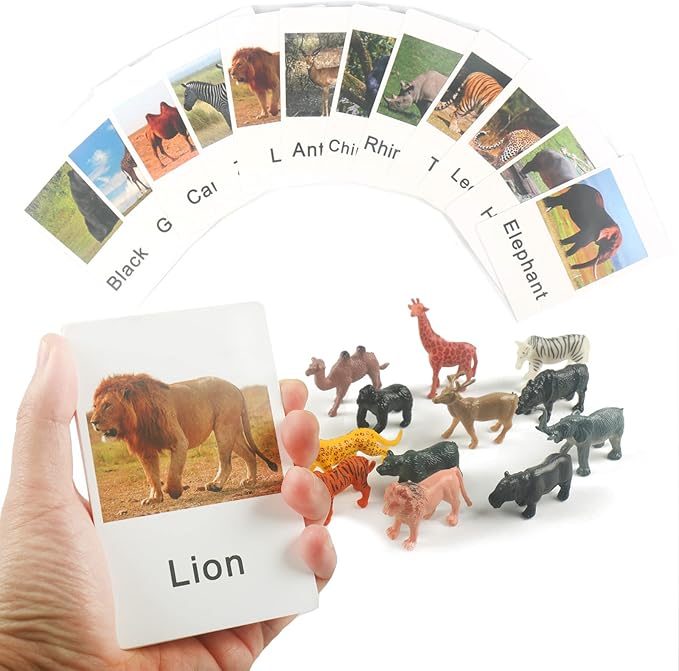 MEROCO Montessori Zoo Safari Animal Match - Miniature Figurines with 2 Part Matching Cards Montessori Language Materials Preschool Learning Toy NEWTT004