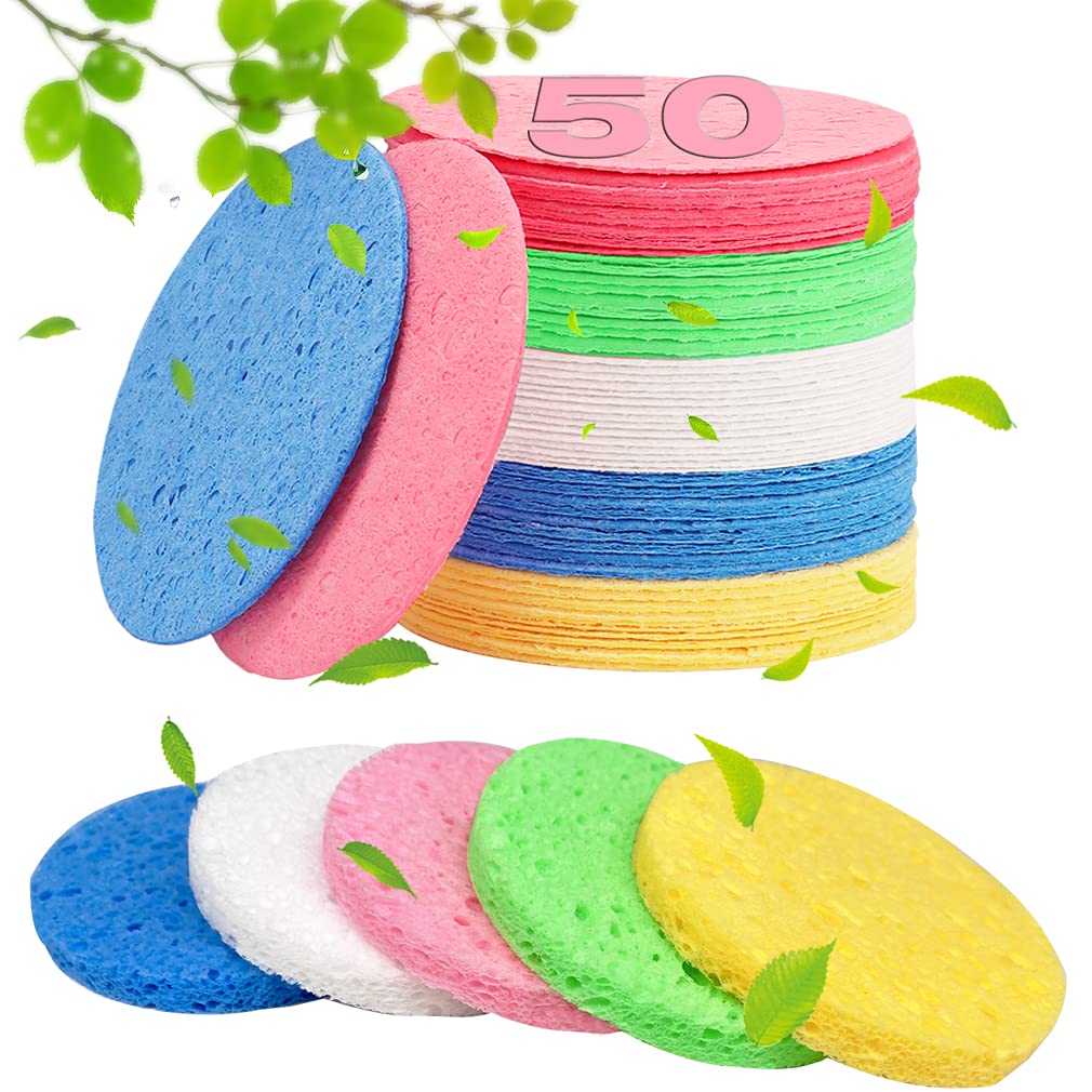 METUUTER 50 PCS Compressed Facial Sponges for Estheticians- 100% Natural Cellulose Face Cleansing Sponge Spa Sponges for Face Cleansing, Massage, Pore Exfoliating, Mask, Makeup Removal