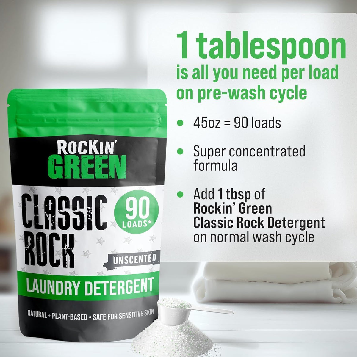 Rockin' Green Classic Rock Laundry Detergent Powder (90 Loads) - All Natural Laundry Detergent - Sensitive Skin Laundry Powder (Unscented)
