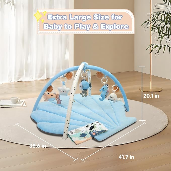 Baby Play Gym Mat, Oversize Tummy Time Activity Mat for Babies 0-6 Months, Shells Shaped Baby Play Mat with 6 Detachable Toys, Baby Mat for Floor Sensory Exploration Motor Skill Development (Blue)