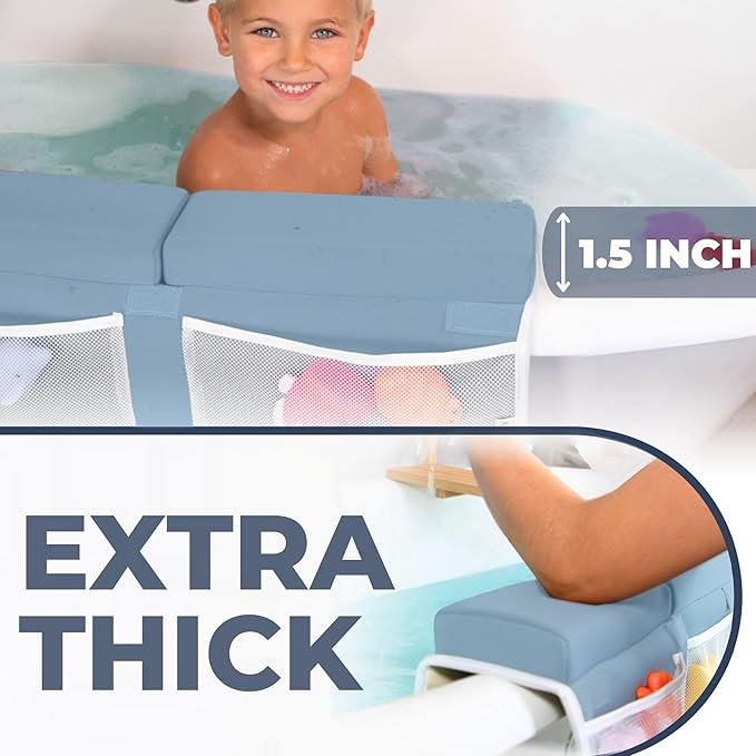 Comfortable Baby Bath Kneeler and Elbow Rest Pad Set – Thick Memory Foam Bath Kneeling Pad with Elbow Support – Baby Bathtub Cushion with Toy Organizer for Bathing Infant or Toddler - Blue