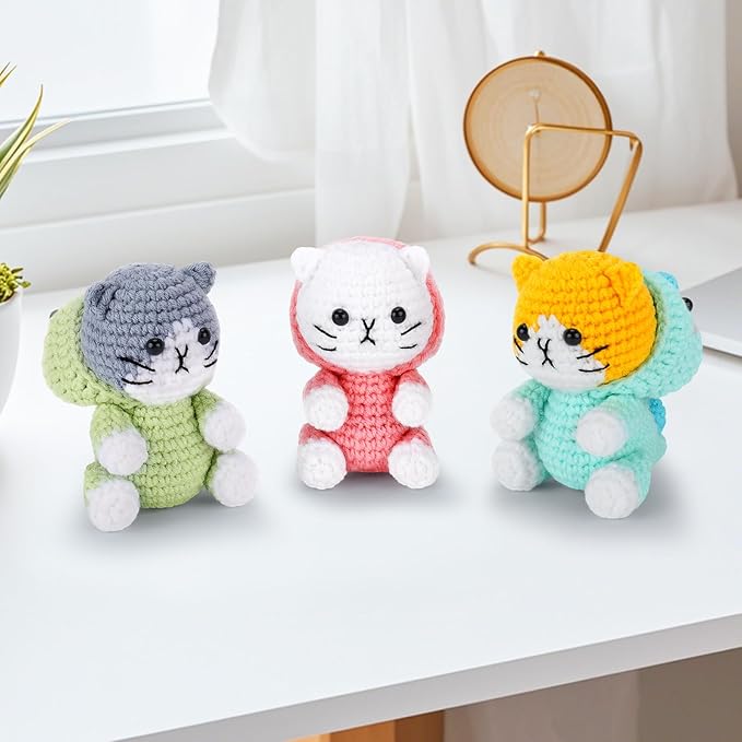 Crochet Kit for Beginners - 3 PCS Dinosaur Cat Crochet Kits with Step-by-Step Video Tutorials, Beginner Crochet Kit for Adults Kid, Crochet Animal Kit for Starters, Cat Dressed as Dinosaur Crochet Set
