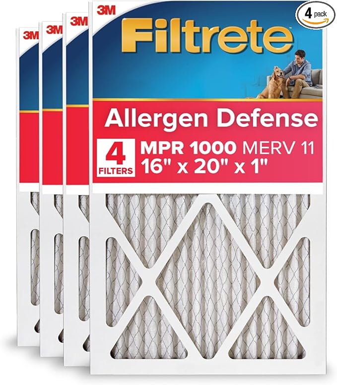 Filtrete 16x20x1 AC Furnace Air Filter, MERV 11, MPR 1000, Micro Allergen Defense, 3-Month Pleated 1-Inch Electrostatic Air Cleaning Filter, 4 Pack (Actual Size 15.69 x 19.69 x 0.81 in)