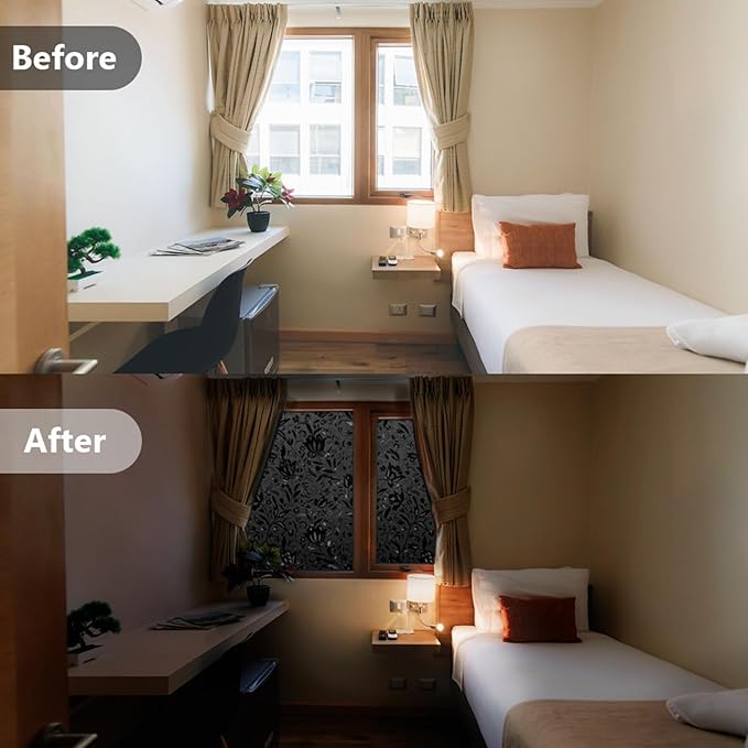 LEMON CLOUD Total Blackout Window Film Privacy Static Cling Frosted Black Window Covering 100% Opaque Film Tint Darkening Removable Film for High Privacy，(Blackout Tulip Design,23.6 x157.4 inches)