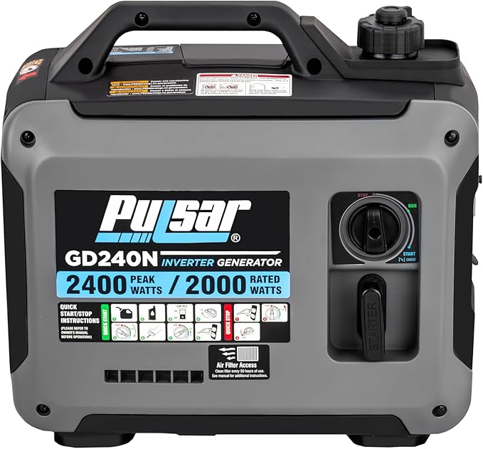 Pulsar 2,400W Portable Gas-Powered Quiet Inverter Generator With USB Outlet & Parallel Capability, GD240N