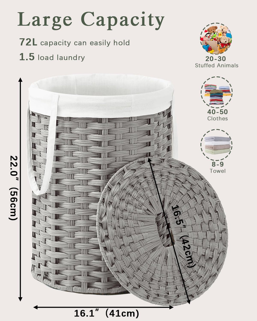 Laundry Hamper with Lid Laundry Basket with Lid 19.0 Gal (72 L) Round Laundry Basket Handwoven Rattan Basket with Lid Removable Bag 2 Mesh Bags Handles for Living Room Bathroom Gray
