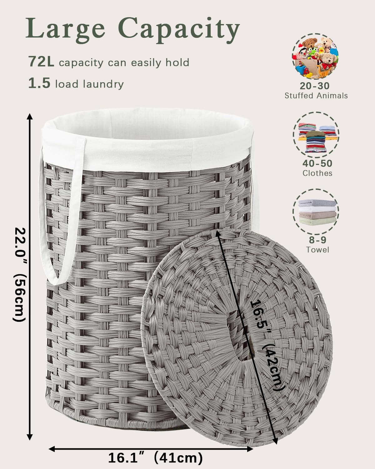 Laundry Hamper with Lid Laundry Basket with Lid 19.0 Gal (72 L) Round Laundry Basket Handwoven Rattan Basket with Lid Removable Bag 2 Mesh Bags Handles for Living Room Bathroom Gray