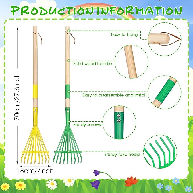 2Pcs Kids Rake Garden Tool Set Toy,Child Size Lawn Small Rakes and Garden for Leaves,Wooden Gardening Toy Rakes with Detachable Handles Outdoor Toys Gift for Boys and Girls (Green+Yellow)