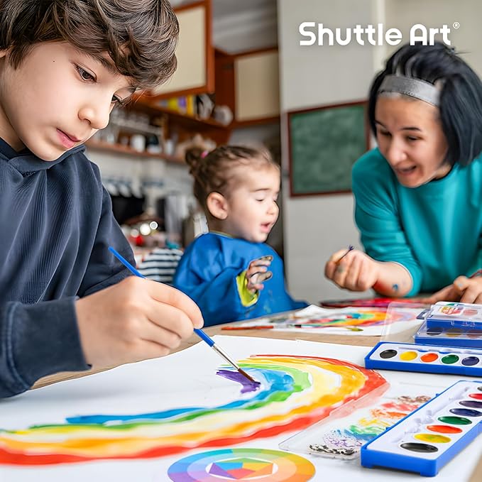Shuttle Art 8 Colors Watercolor Paint Set, 24 Pack with Paint Brushes & Color Wheels, Washable for Kids & Adults, Suitable for Classroom, Parties, Kindergarten & Art Activities