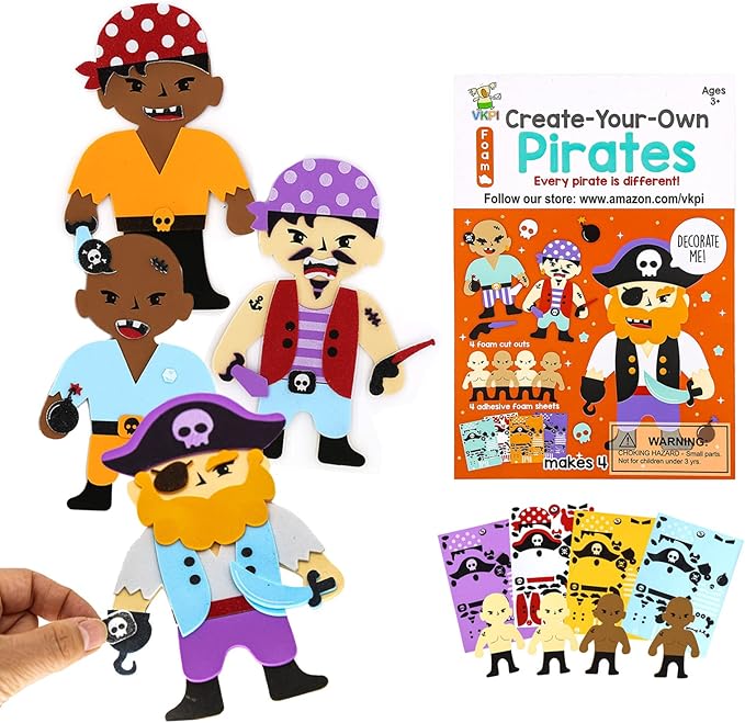 VKPI 4 Pieces EVA Foam Art Crafts Gift Kit, Creative Make Your Own Pirates, Cartoon Foam Paper Craft Projects for Kids Ages 4+ Toddler, Preschool Learning Toy for Birthday Party Favor Supplies
