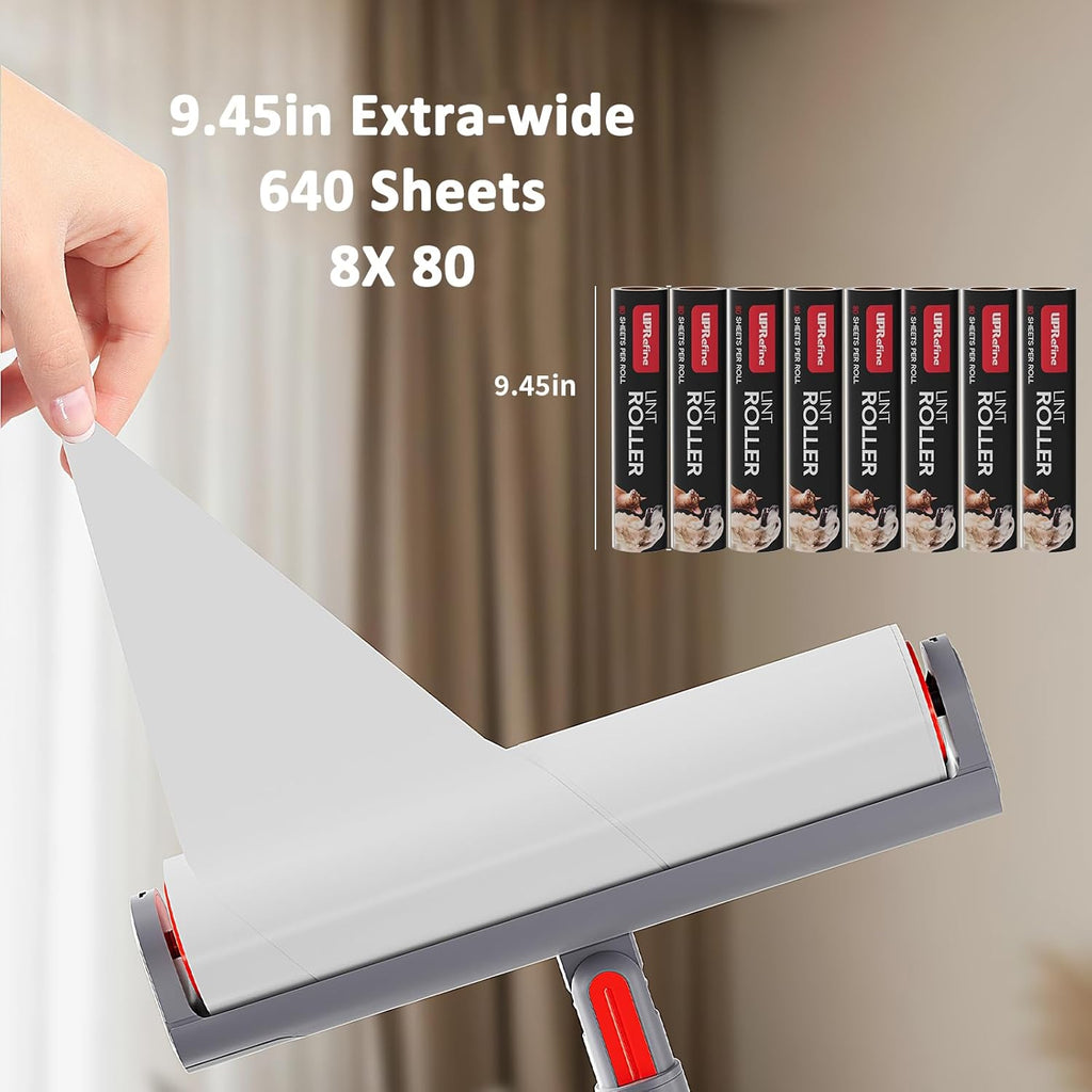 Large Lint Roller Refill 640 Sheets(8 Pack) Value Set, Extra Sticky, Easy Tear for Lint Remover, 9.45 in Pet Mega Extreme Stick Refill for Floor Roller Cleaning for Pet Hair